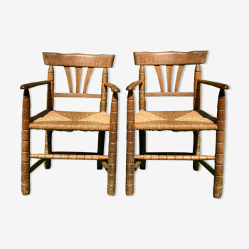 Pair german bobbin turned side chairs with rush seat