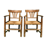 Pair german bobbin turned side chairs with rush seat