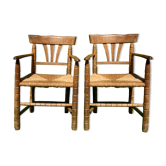 Pair german bobbin turned side chairs with rush seat
