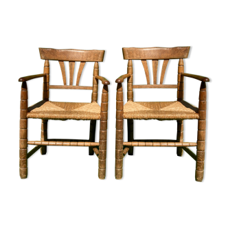 Pair german bobbin turned side chairs with rush seat