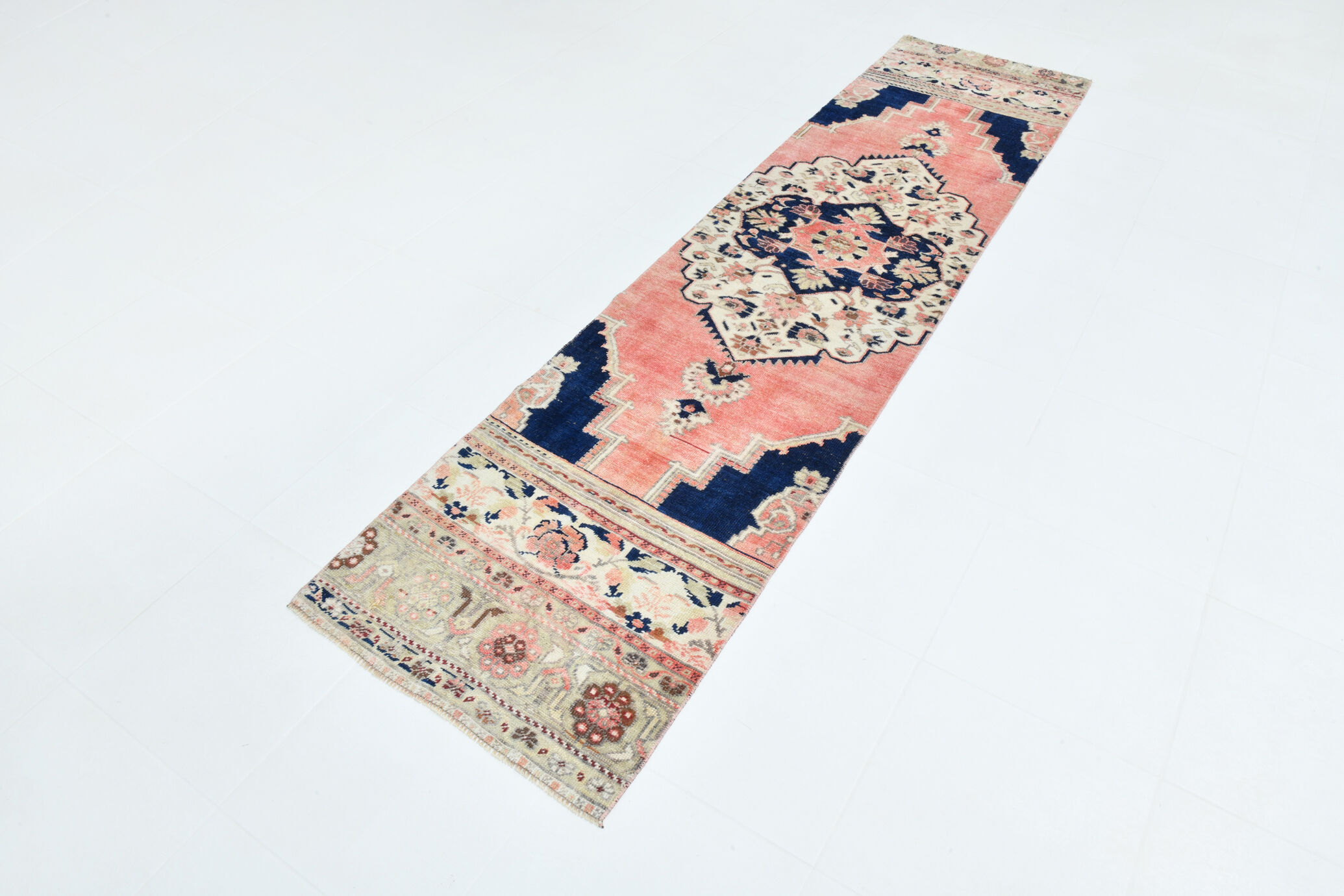 2x10 Faded Pink & Navy Blue Persian Runner Rug, 71x294Cm