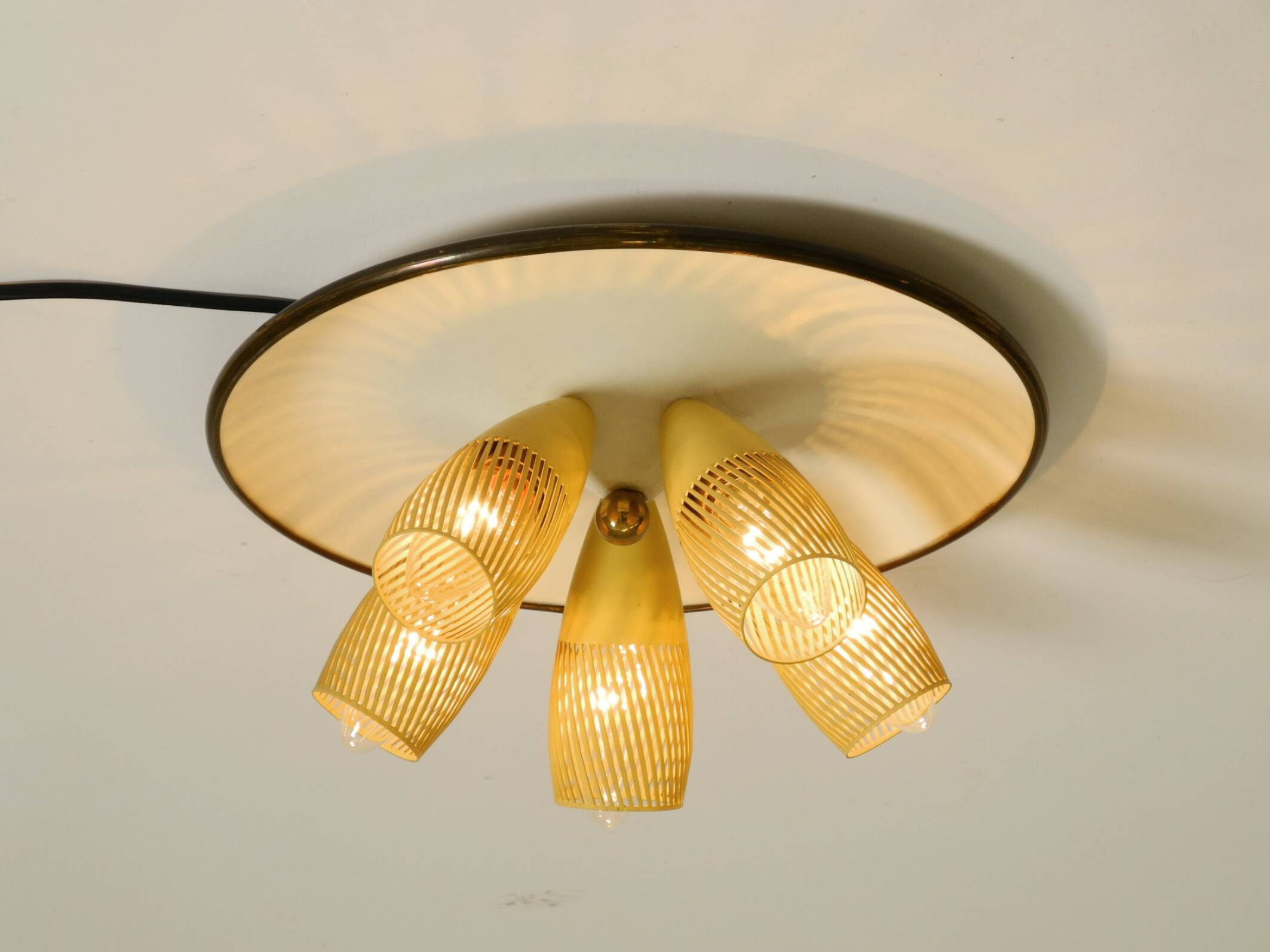 Very rare 5-arm mid-century modern metal bag ceiling lamp with round white