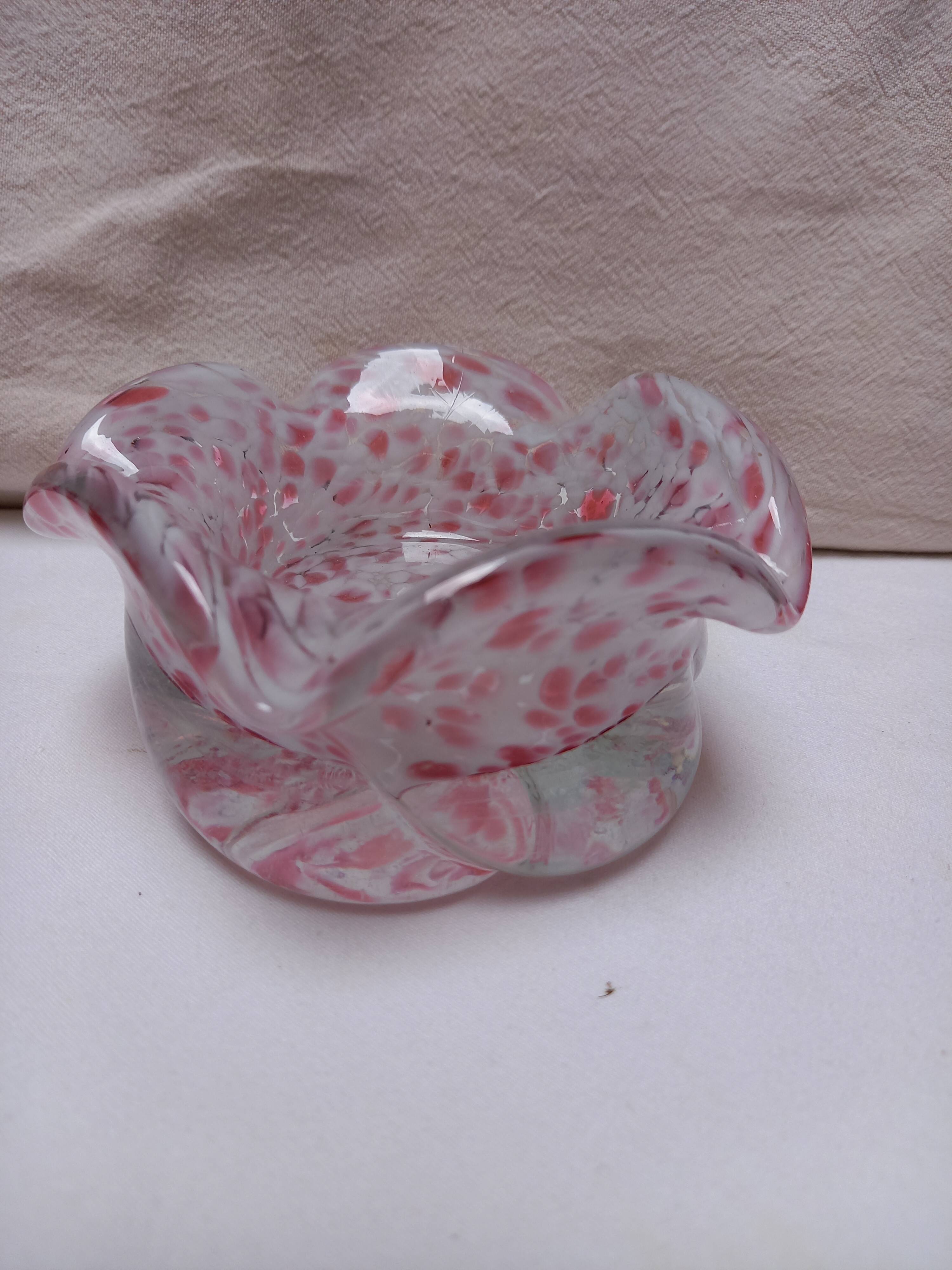 Vide-poche, coupelle en forme de fleur, verre de murano, rose et blanc