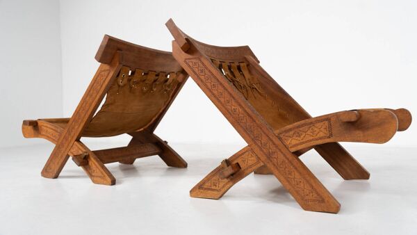 Pair of Folding Chair, Wood and Leather, Brazilian style