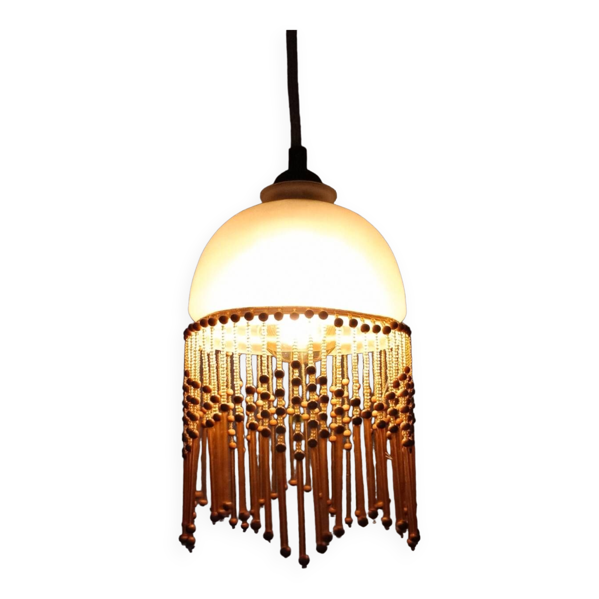 Polished glass and wooden bead pendant light