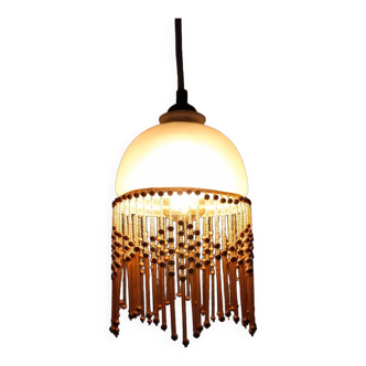 Polished glass and wooden bead pendant light