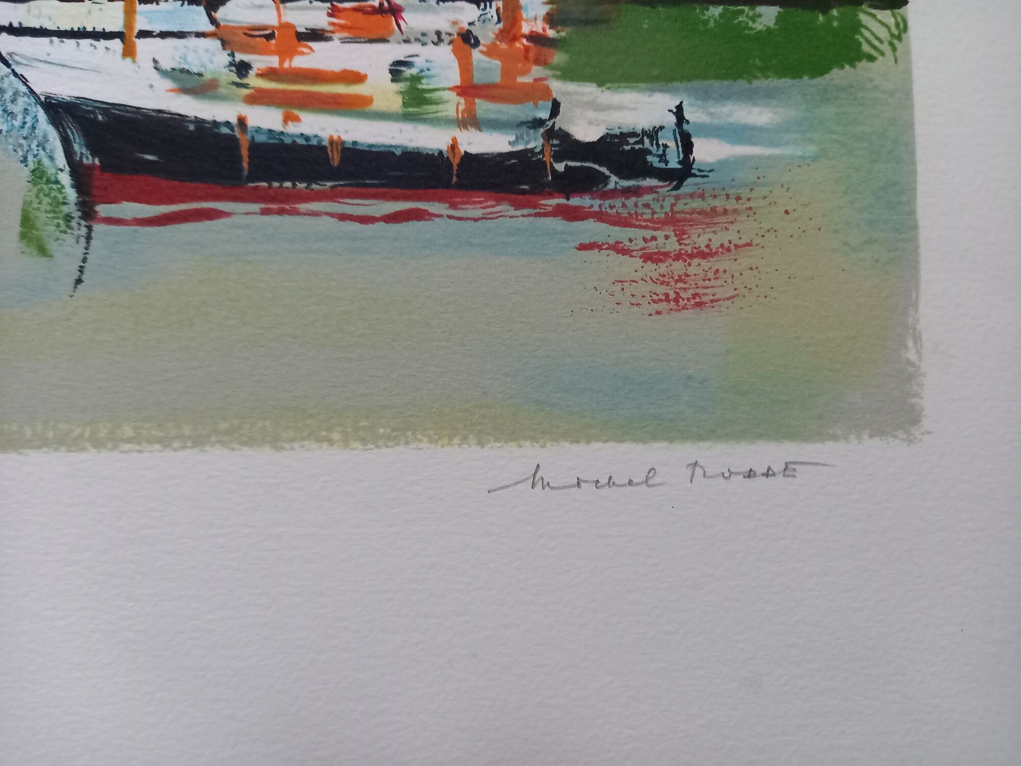Original lithograph by Michel Rodde (1913-2009), "Norway, fishing village on stilts", 1994