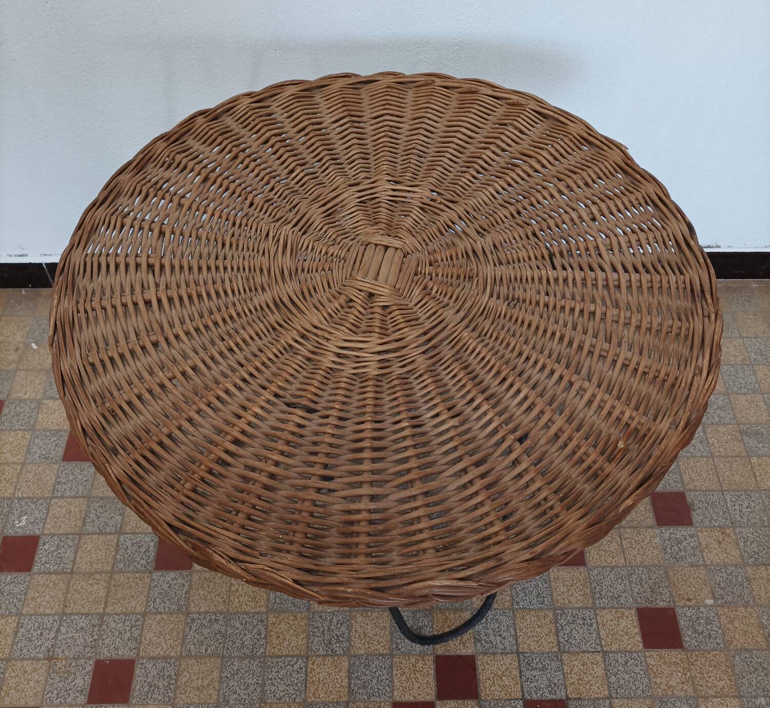 Vintage round rattan and metal coffee table