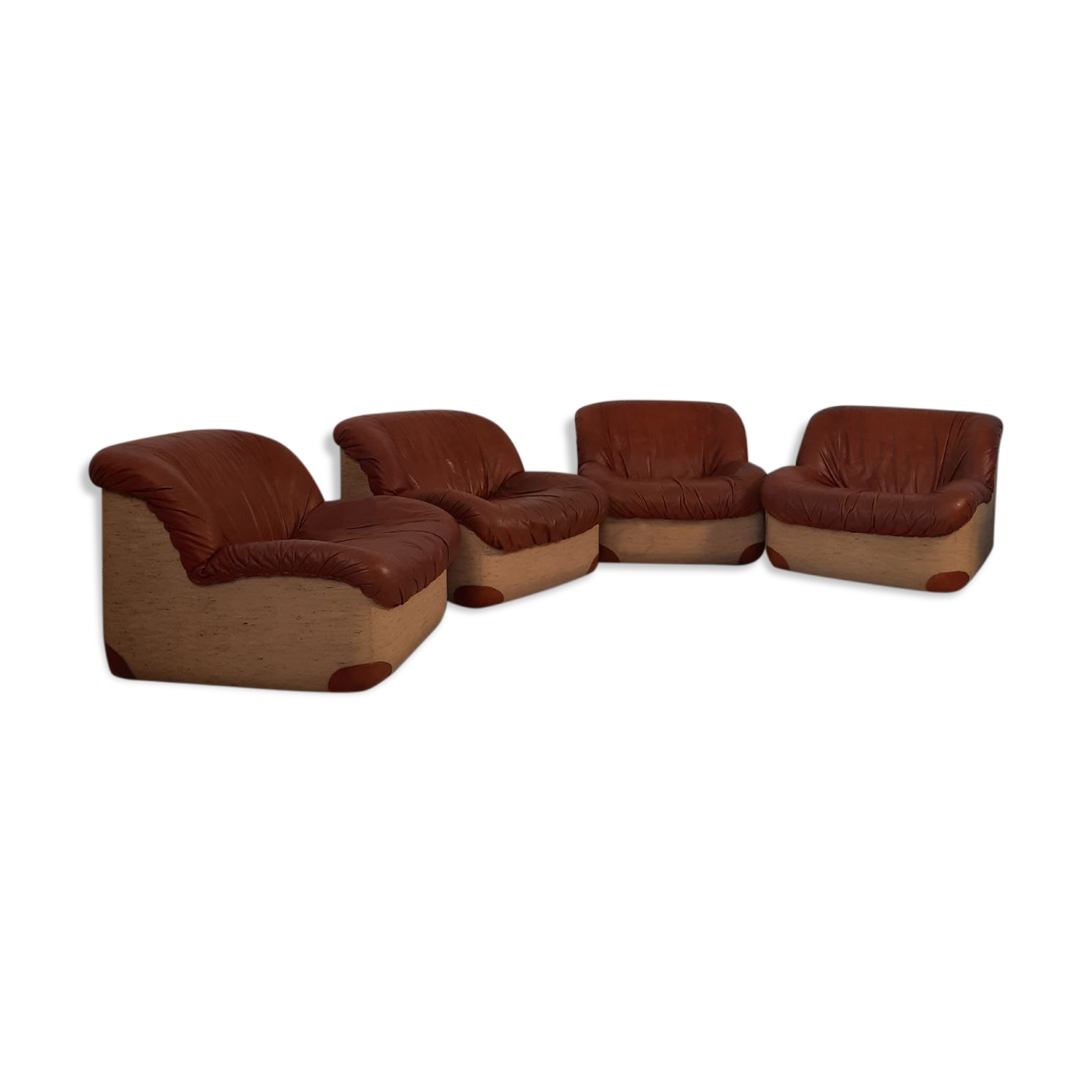 Four vintage armchairs, leather and fabric, 70s
