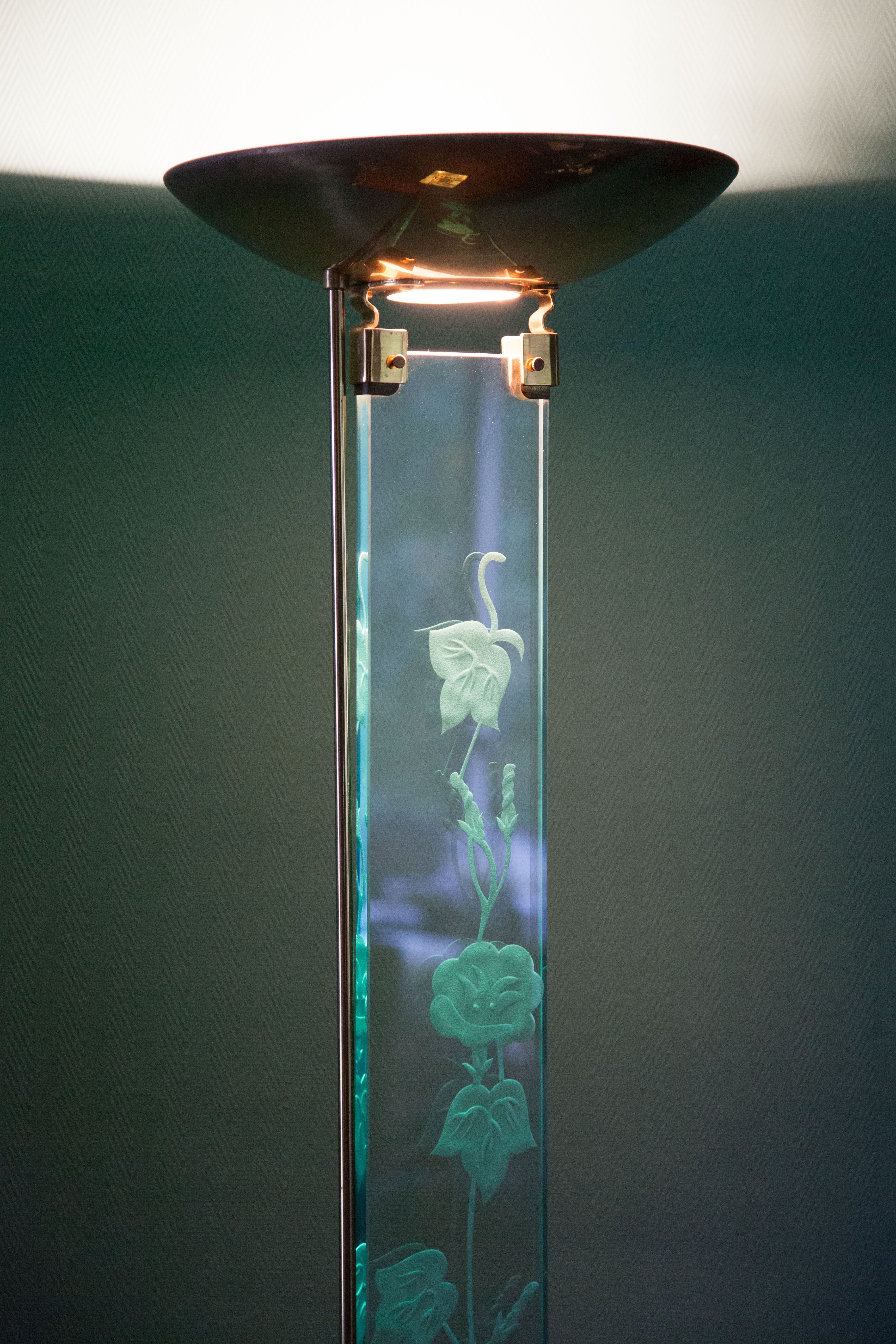 Floor lamp, brass halogen and engraved glass, attributed to Max Baguara, design lamp, 80's