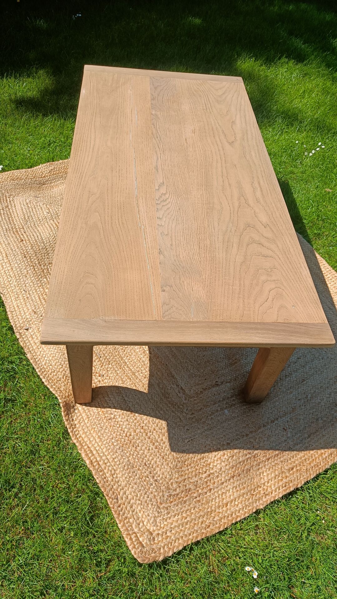 Large restored antique coffee table in solid oak.