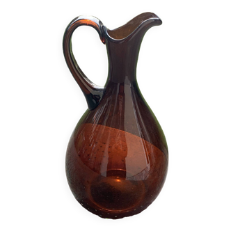 Grande carafe en verre souffle, ocre, ambre, vintage 1970,