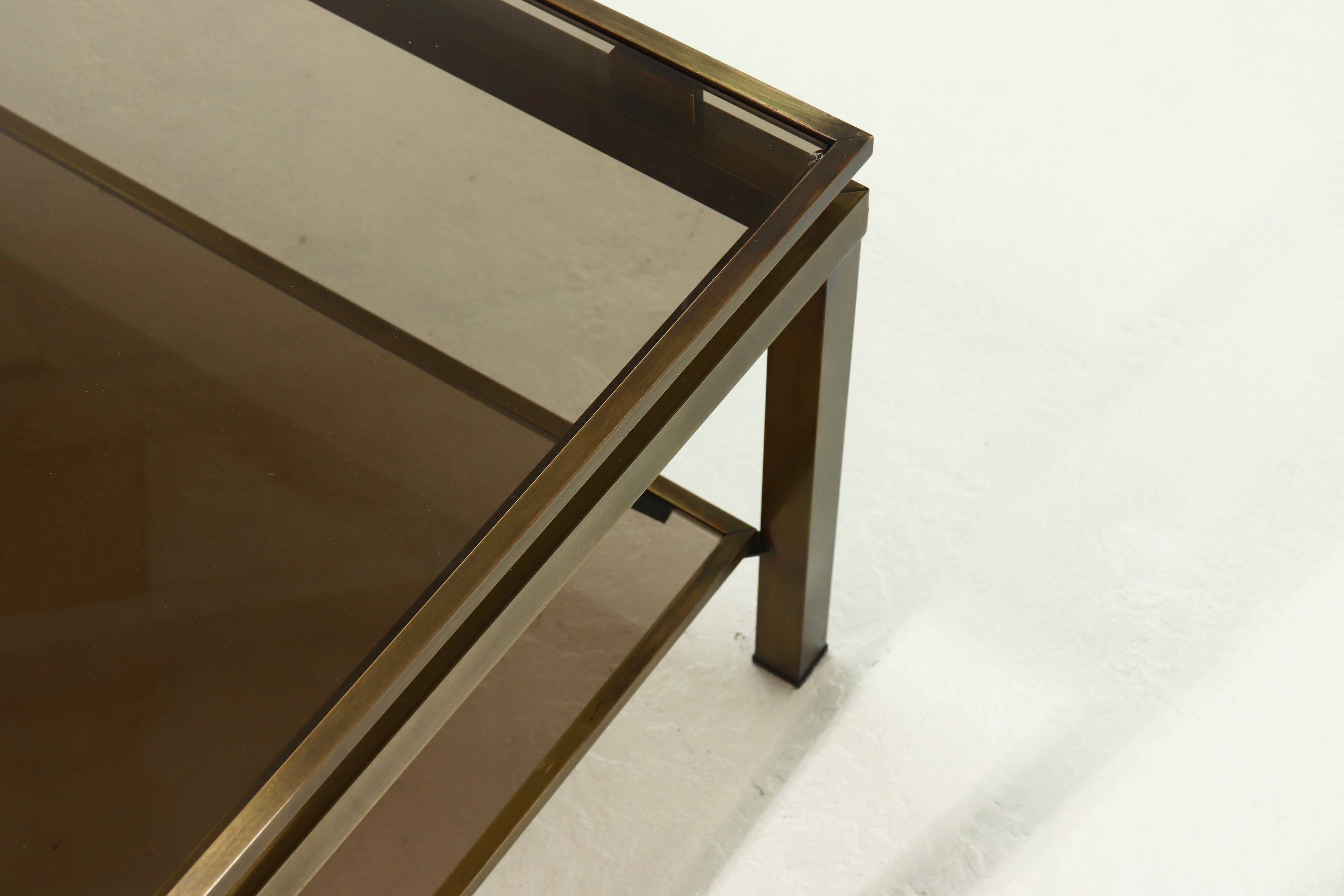 Two Tier Brass and Smoked Glass Coffee Table 1970s