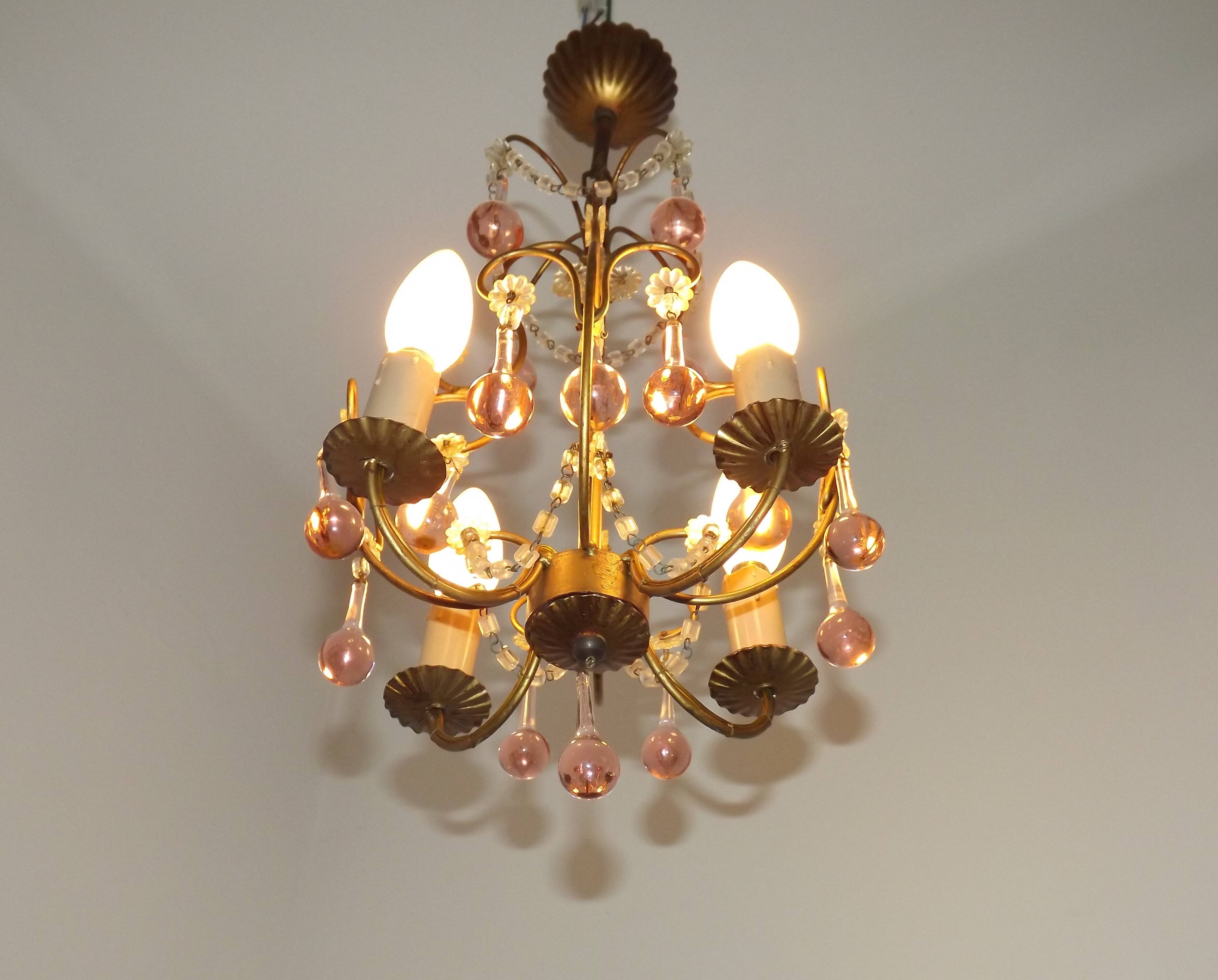 French Vintage 4 Light Metal Cage Chandelier with Bead Swag and Pink Murano Drops