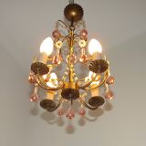 French Vintage 4 Light Metal Cage Chandelier with Bead Swag and Pink Murano Drops