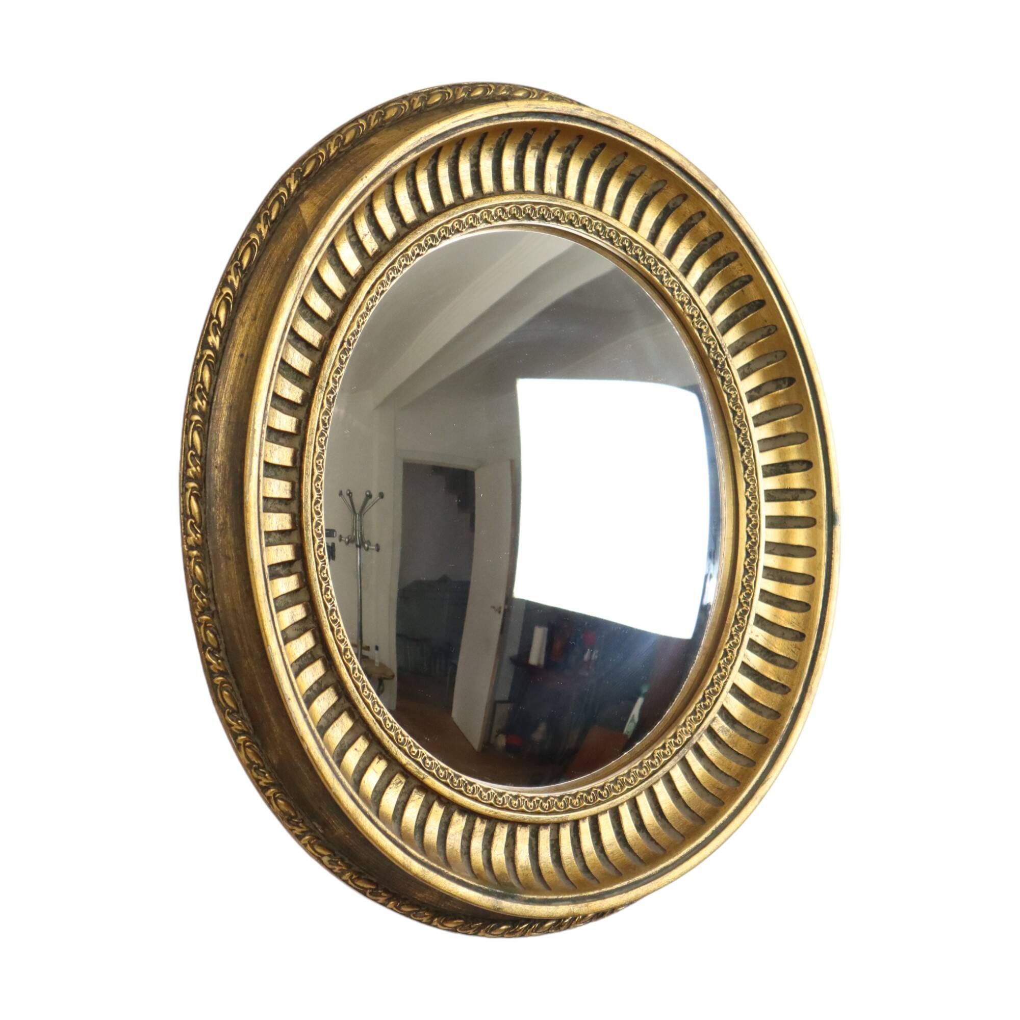 Large Round Wooden Butler Mirror Convex Mirror Witch's Eye Gold