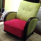 Set of 2 Art Deco armchairs in fuchsia and olive fabric, 1930s, Czech Republic.