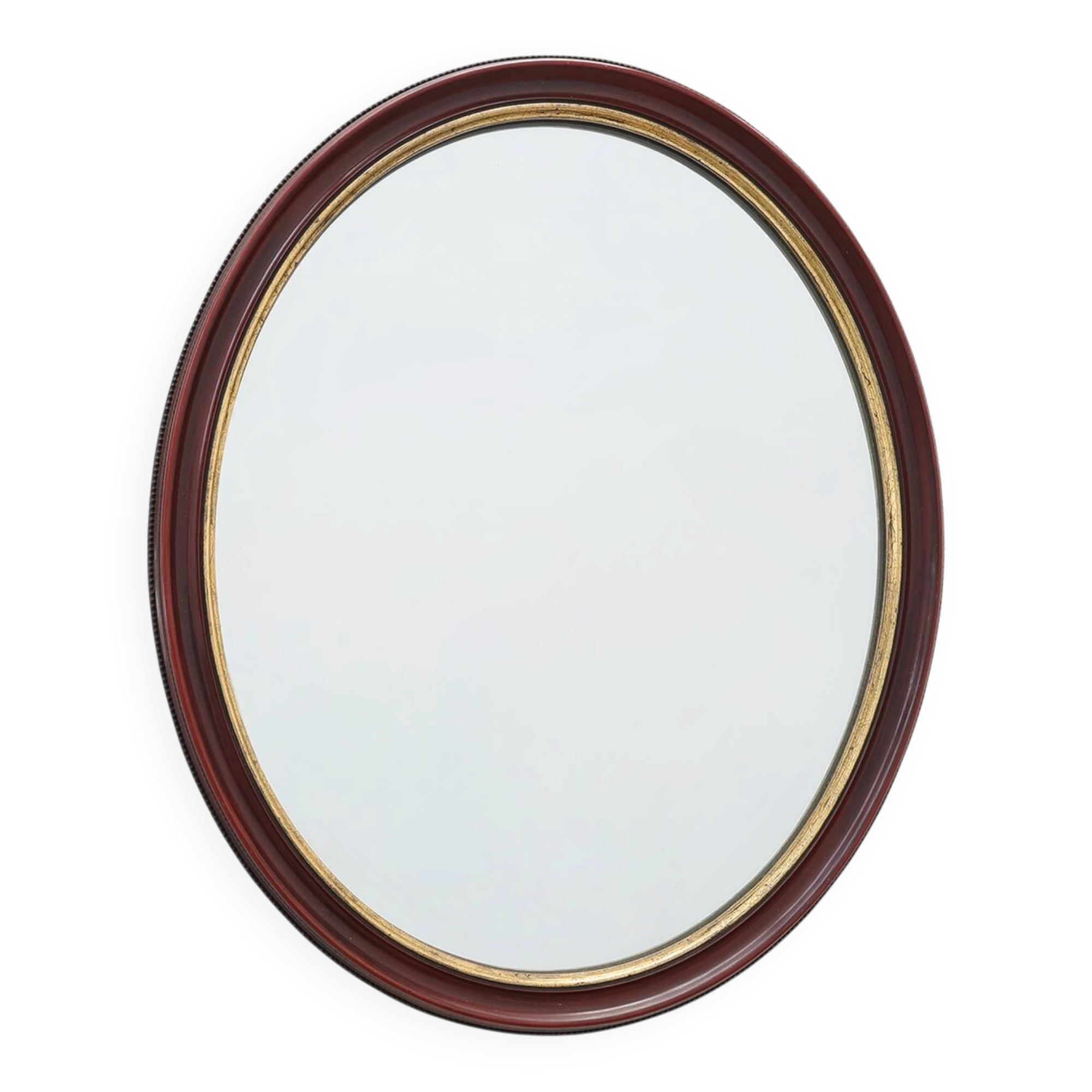 French Burgundy Lacquered Oval Mirror with Gilt Inner Edge, circa 1920