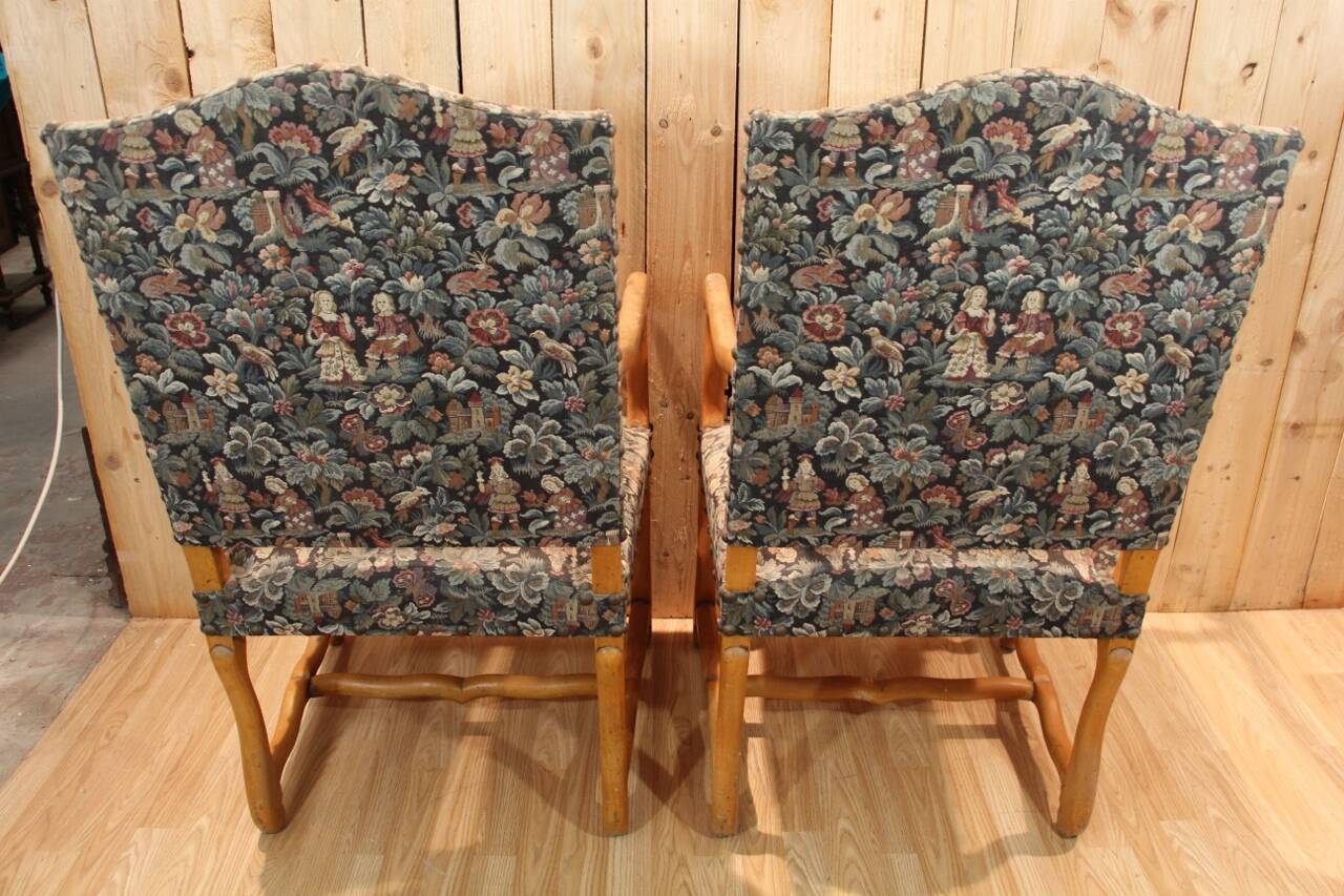 Pair of Louis XIII Style Armchairs in Sheep Bone, Needlepoint Tapestry