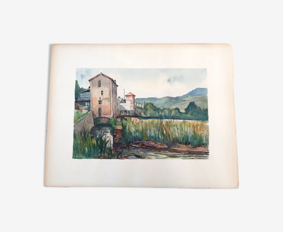 Aquarelle sur papier "Paysage de campagne" Signée en bas à droite, André Duculty (1912-1990)