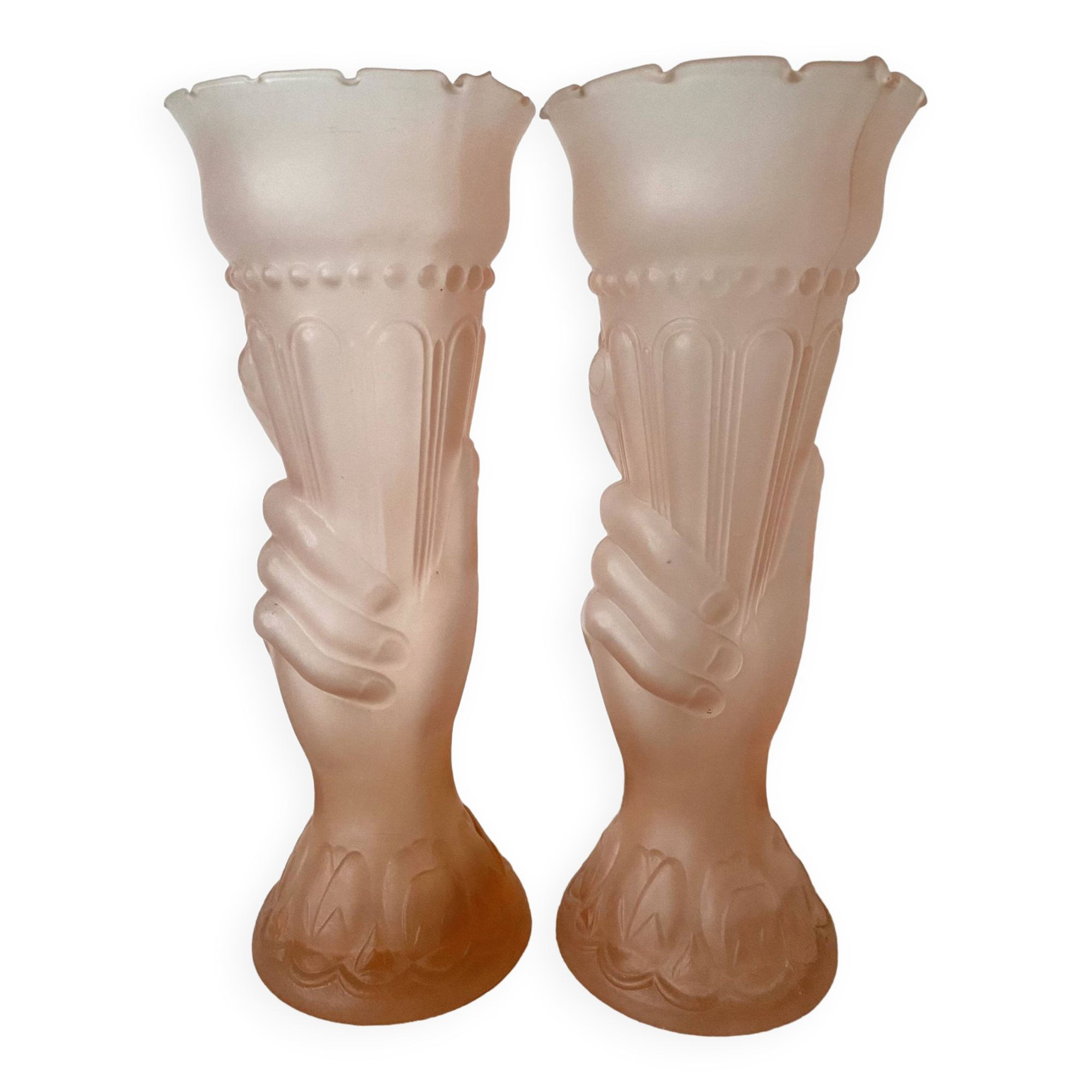 Pair of pink frosted glass torch vases, handmade, art deco