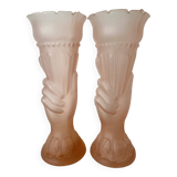 Pair of pink frosted glass torch vases, handmade, art deco