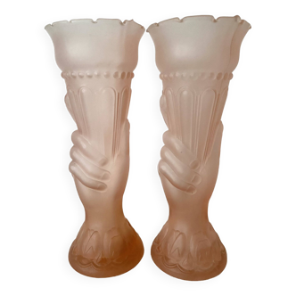 Pair of pink frosted glass torch vases, handmade, art deco