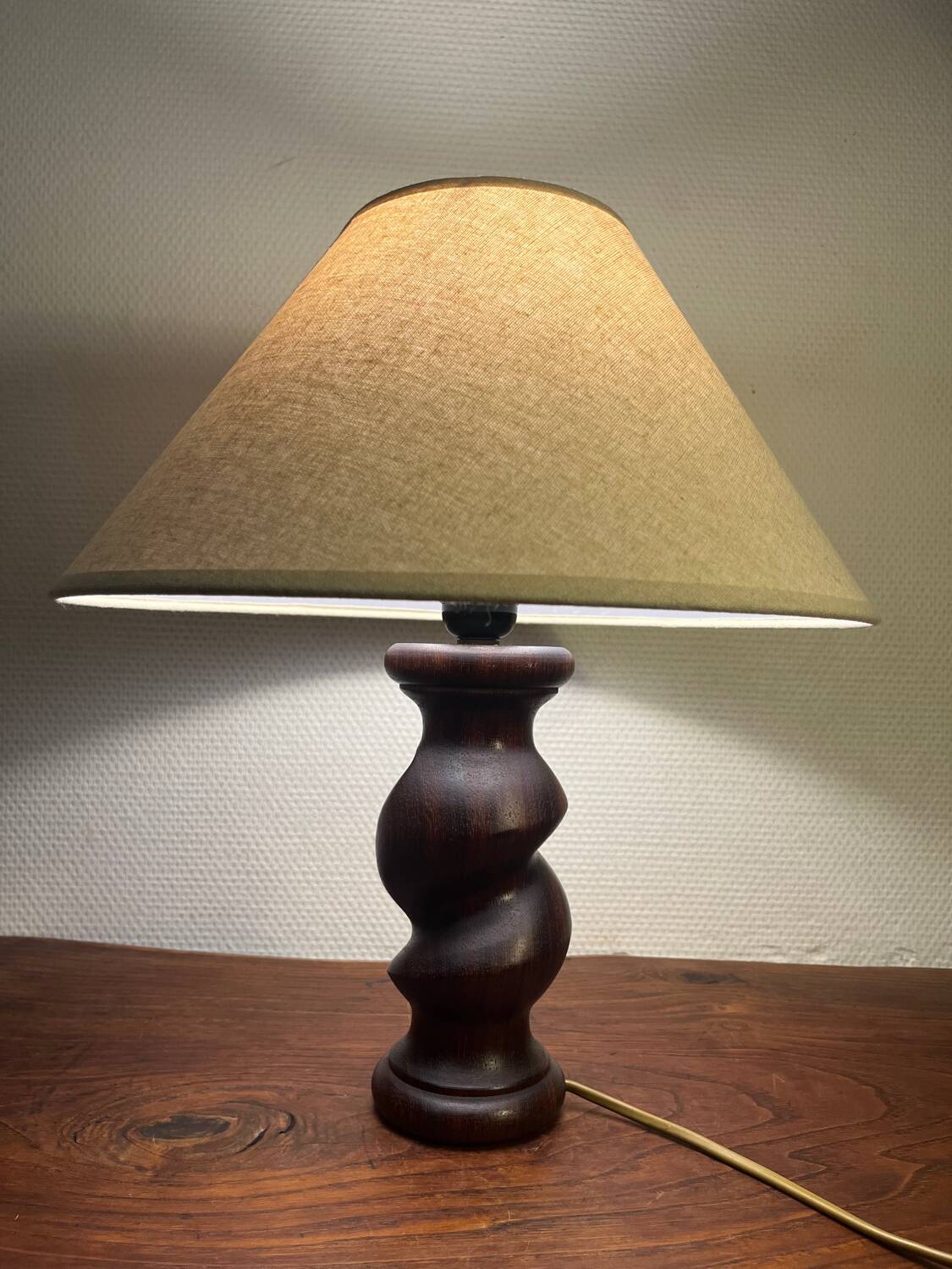 Solid turned wood foot lamp with lampshade