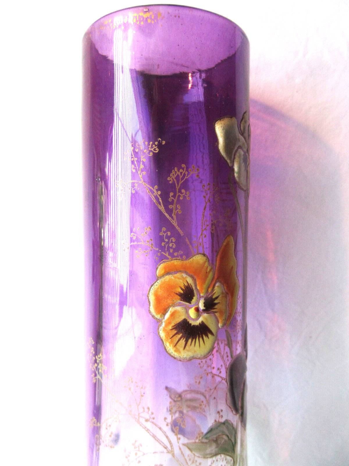 Legras enameled vase, multicolored pansies, colorless gradient purple glass
