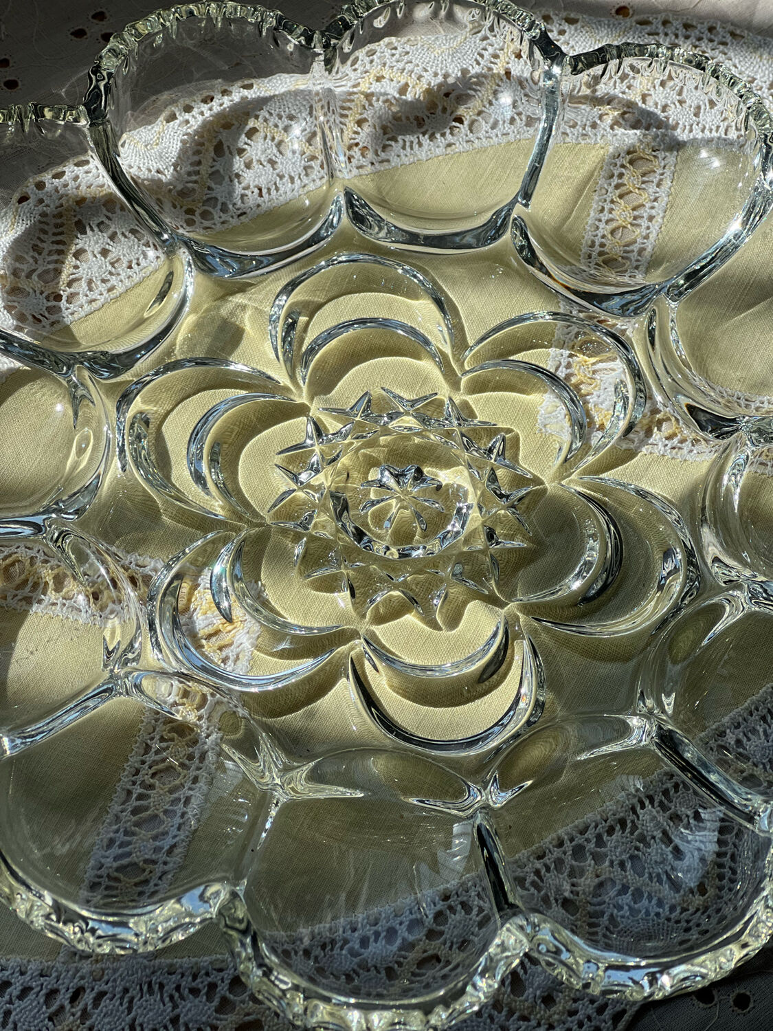 Crystal glass egg dish/tray by August Walther Glass