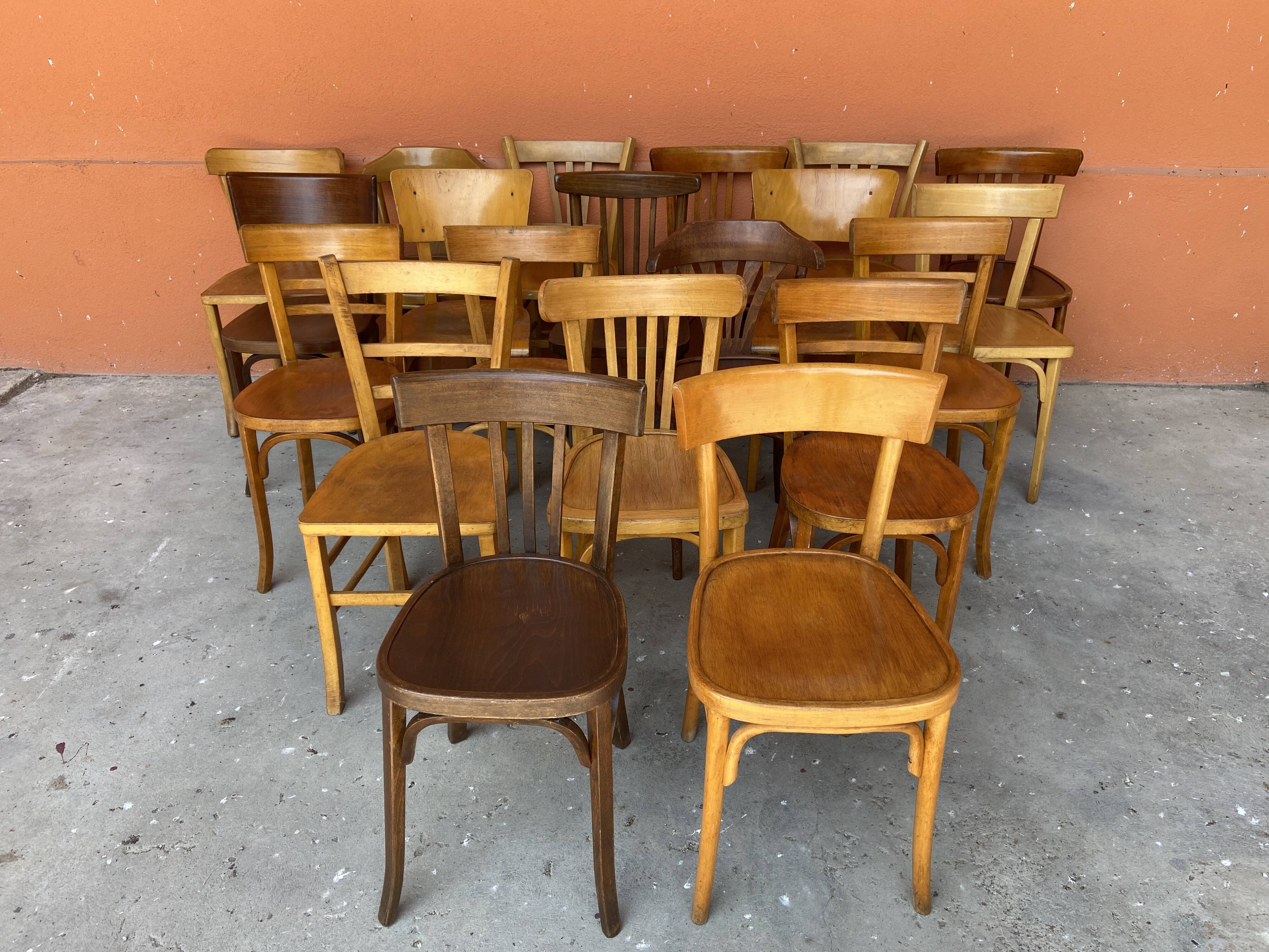 set of 20 mismatched bentwood vintage restaurant bistro chairs