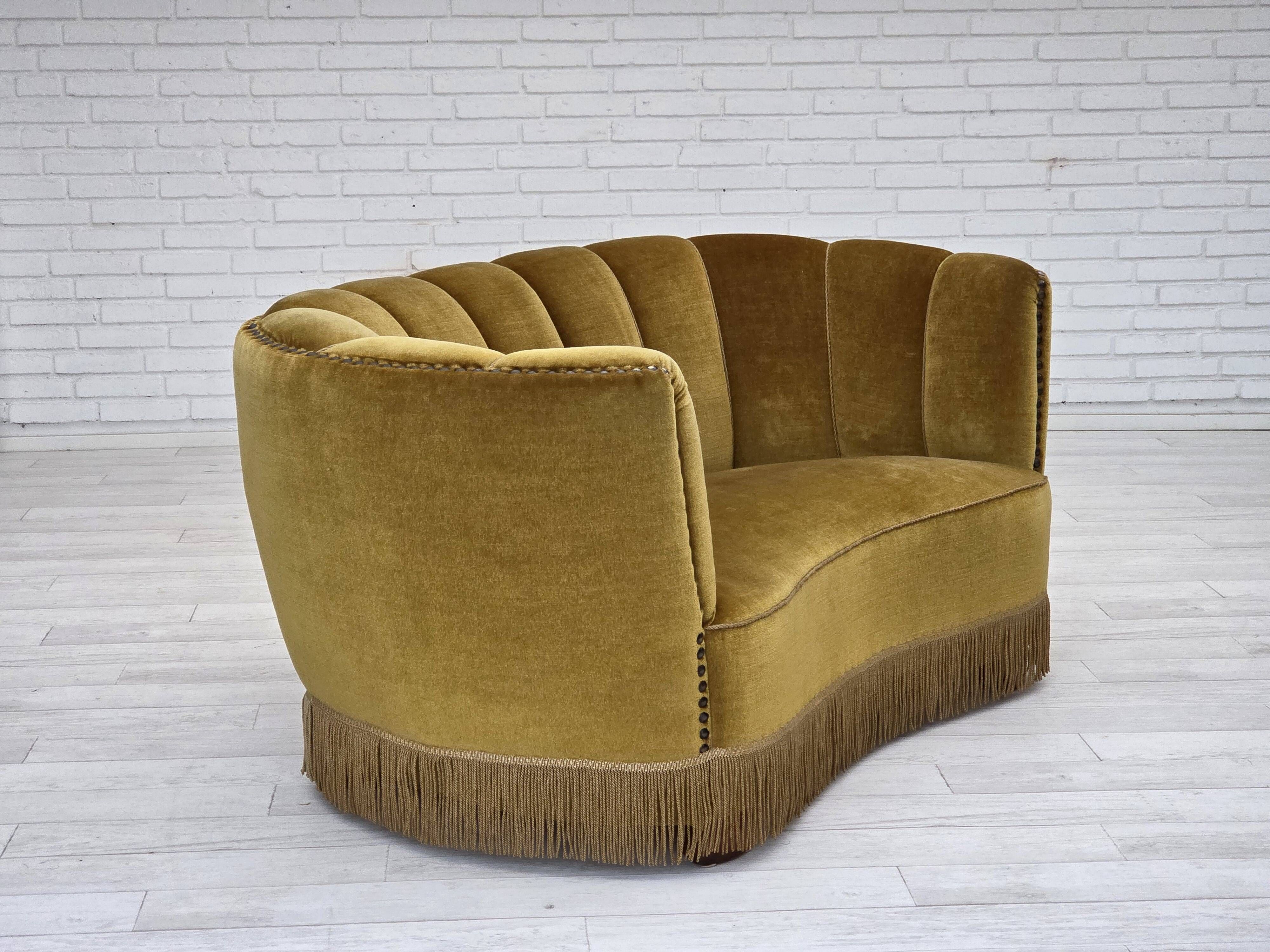 1960s, Danish 2-seater "Banan" sofa, green furniture velour, oak wood.