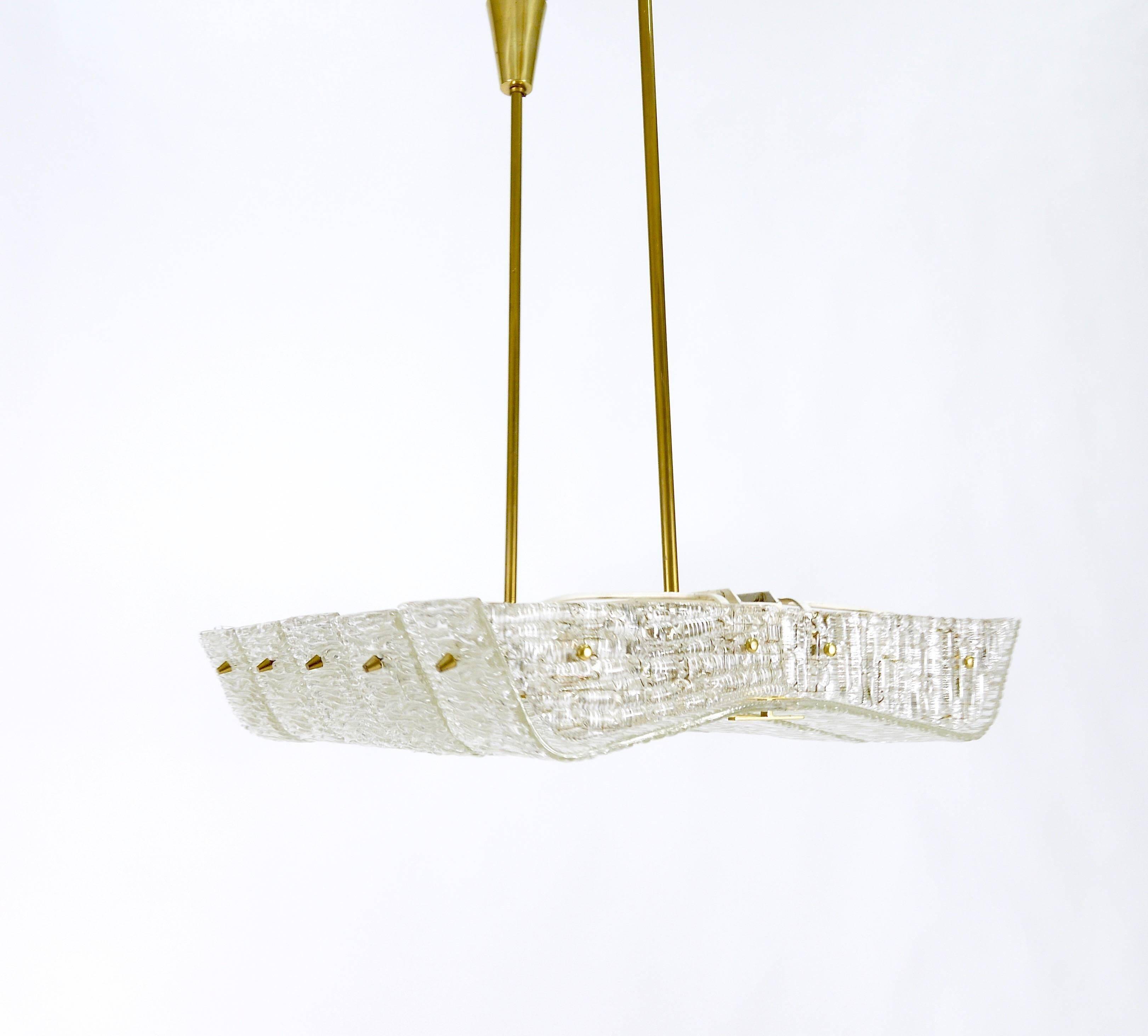 J.T. Kalmar enormous brass and textured glass chandelier, Austria, 1950s