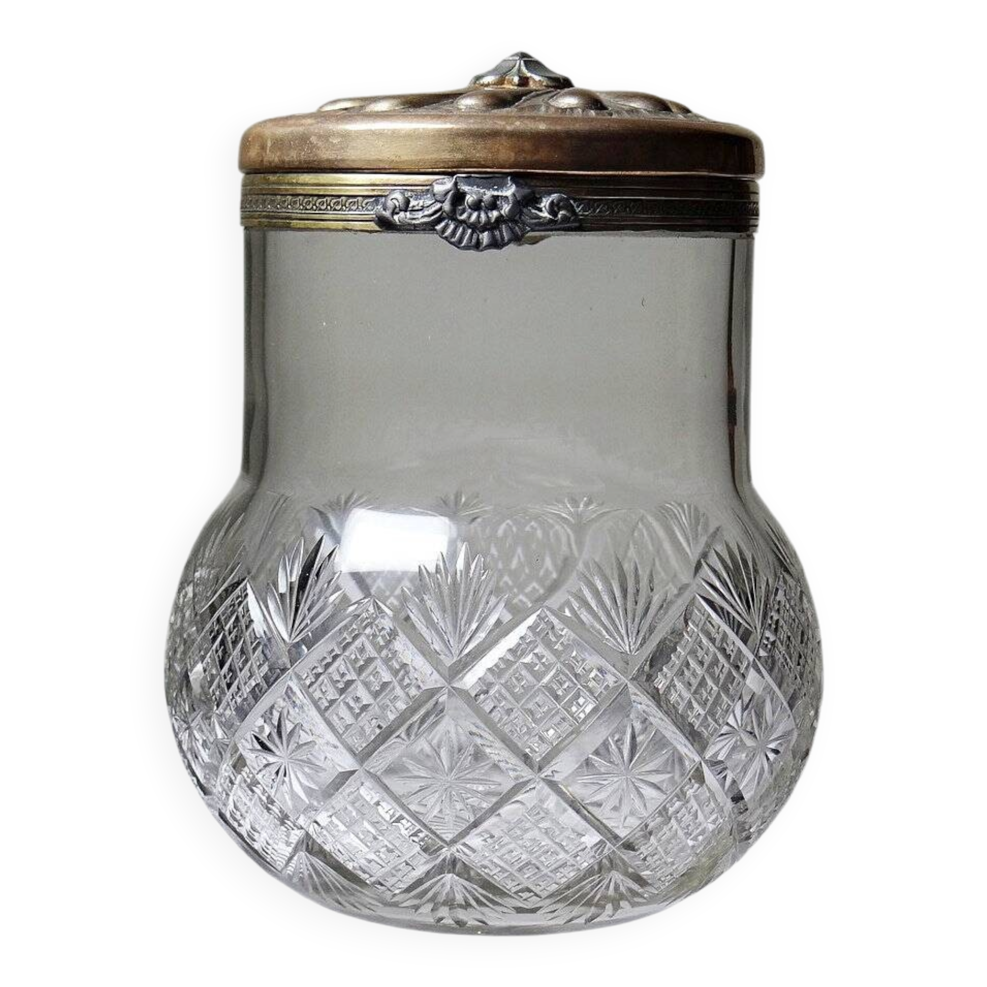 Ancien pot à biscuits style cristal taillé et métal