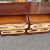 Six-drawer mahogany and straw chest of drawers, circa 1950, made in Mexico