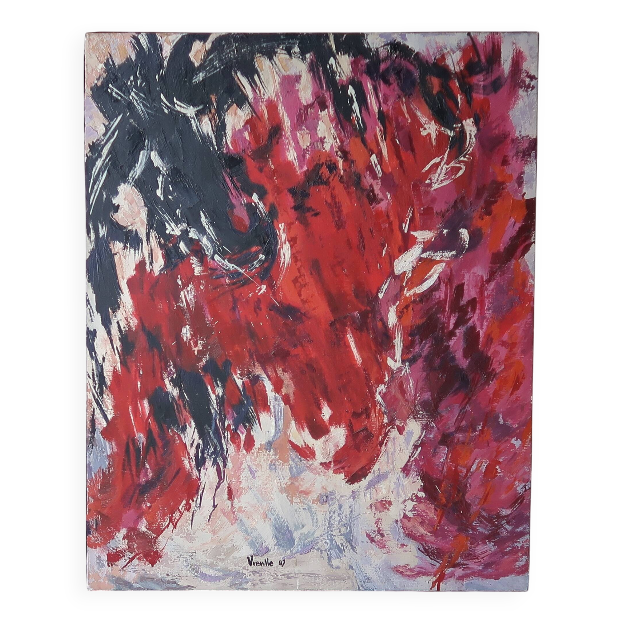 Painting, abstract painting signed Vieville, 1980s