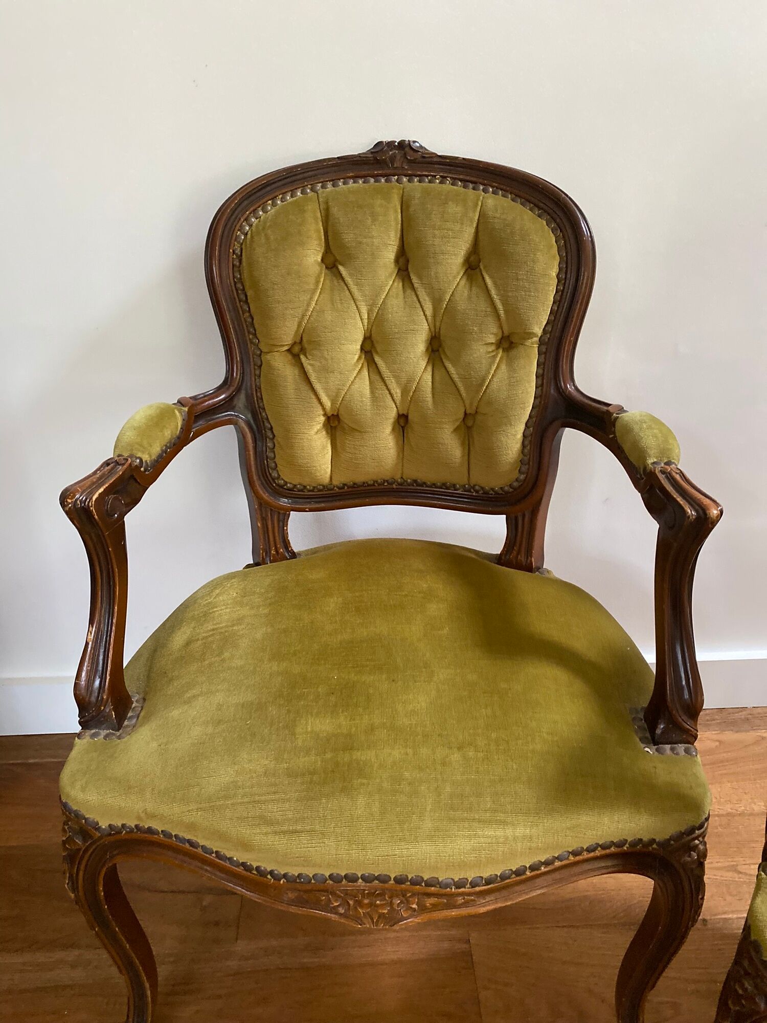 Cabriolets or Bergère armchairs Louis XV style in light green upholstered velvet