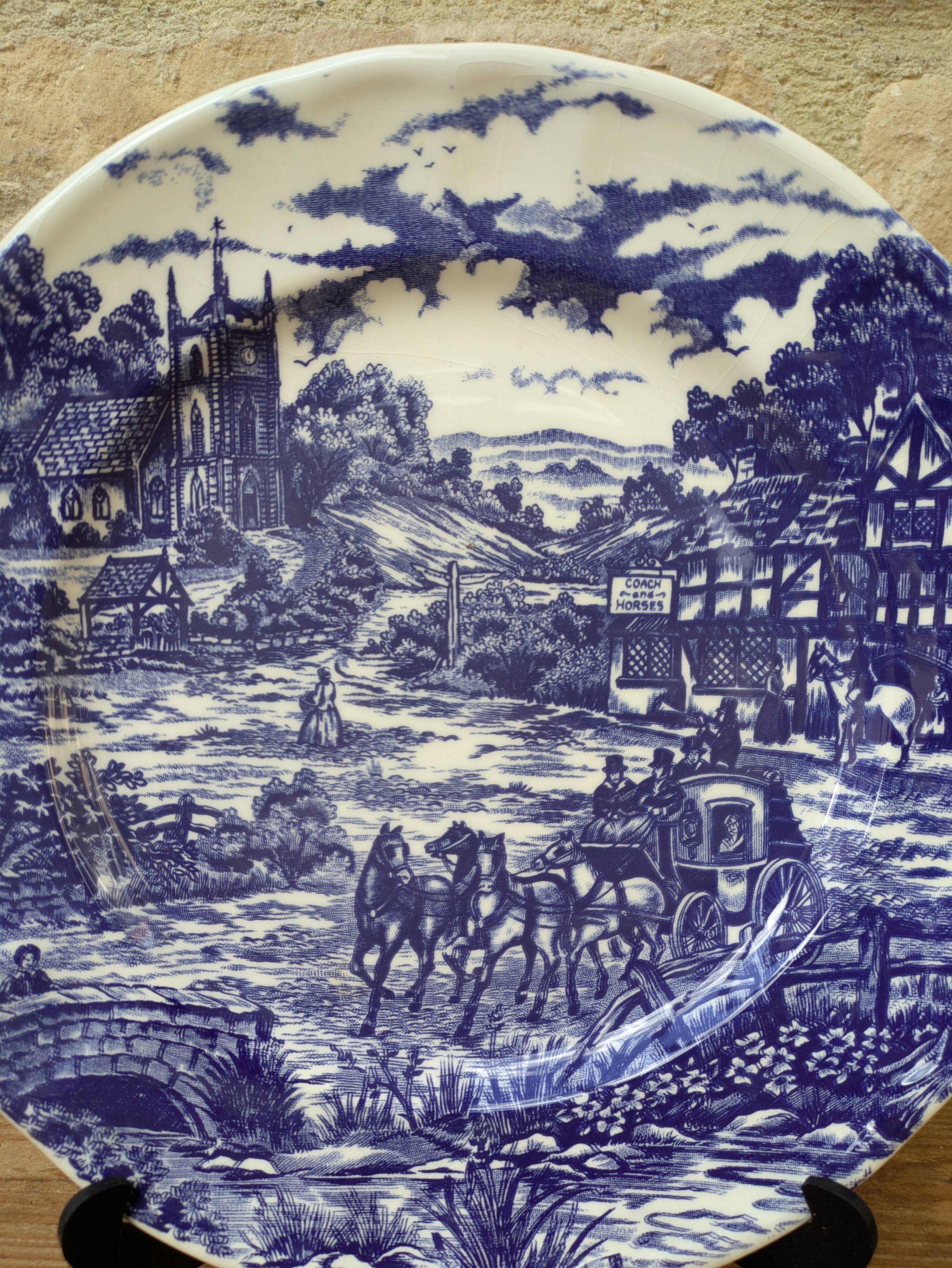 Old blue country scene plate