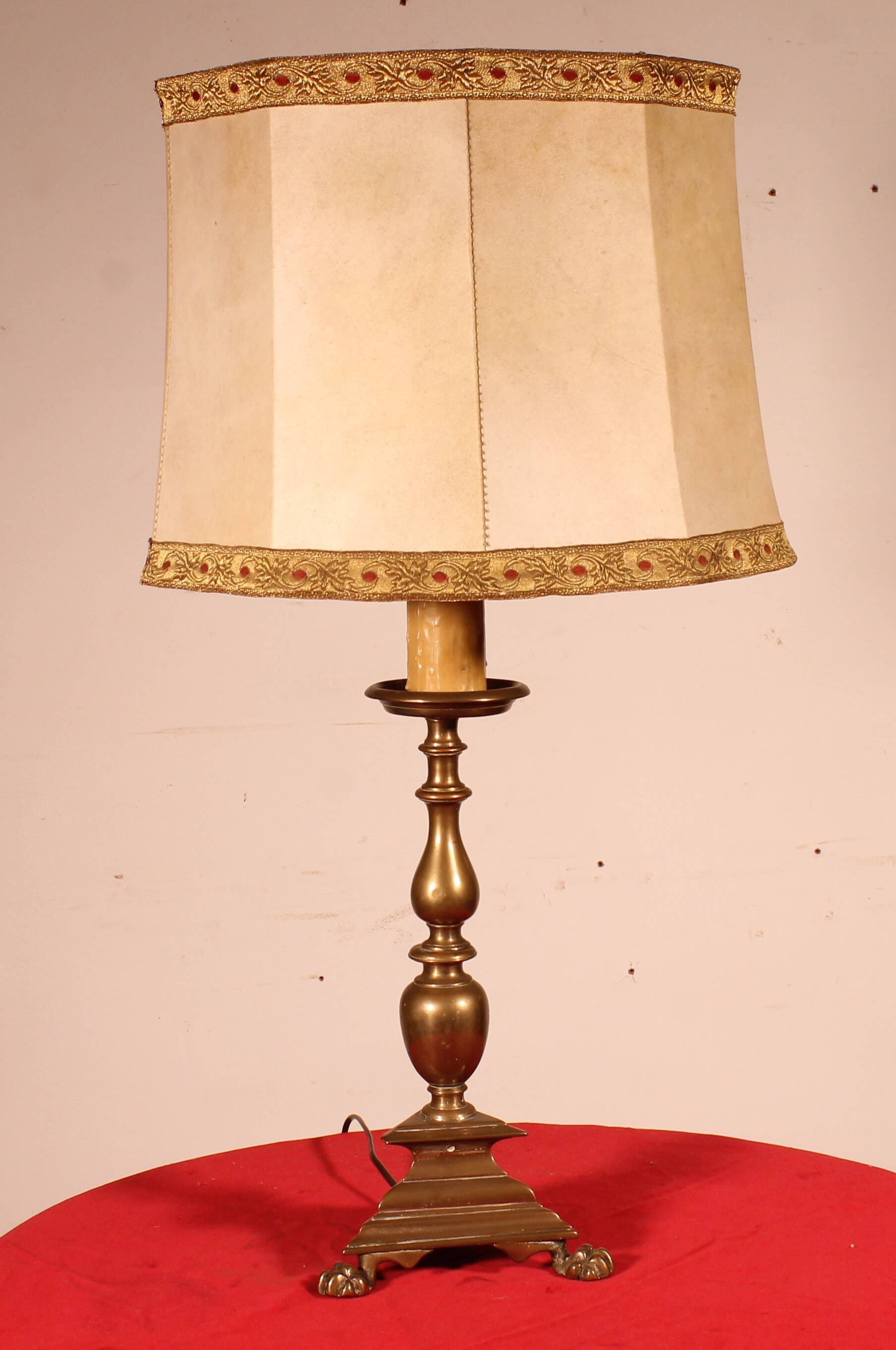 17th Century Bronze Candle Holder Mounted as a Lamp with Its Parchment Shade