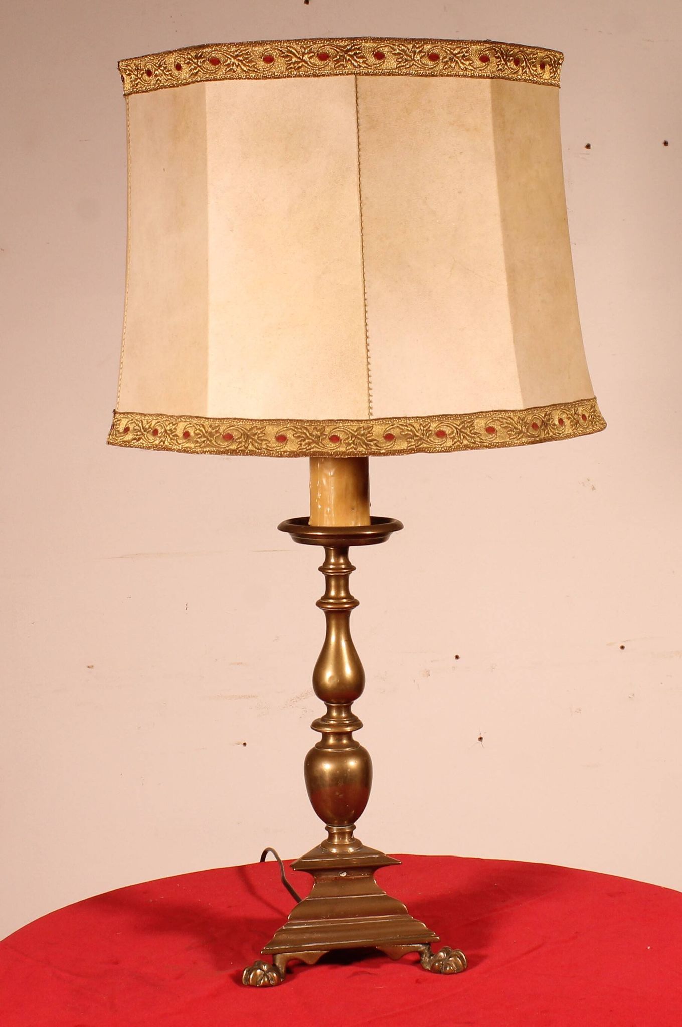 17th Century Bronze Candle Holder Mounted As A Lamp With Its Parchment Lamp
