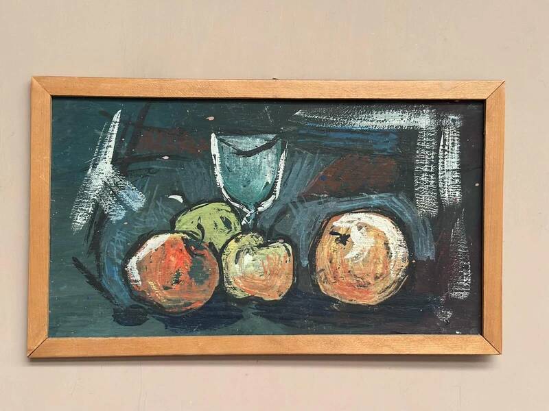 Oil on panel "Still life with fruits" by unknown artist, vintage & framed 43×25cm