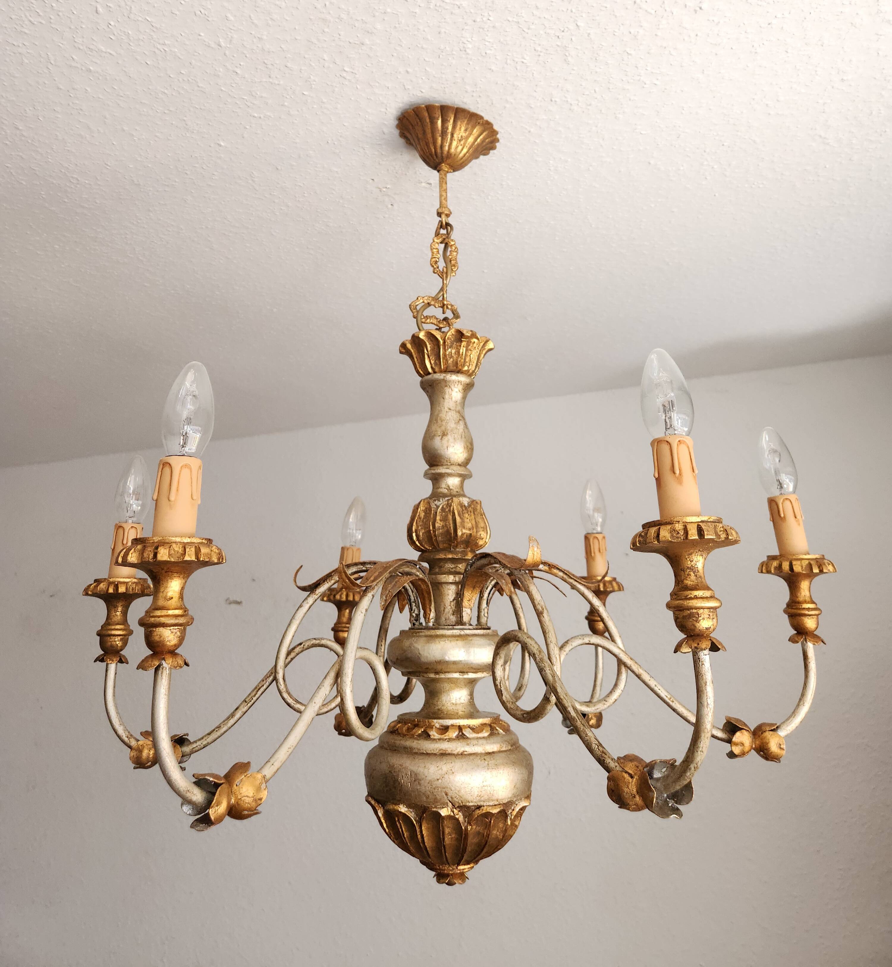 Antique gilded silver chandelier Florentine Rococo Louis XV Italy