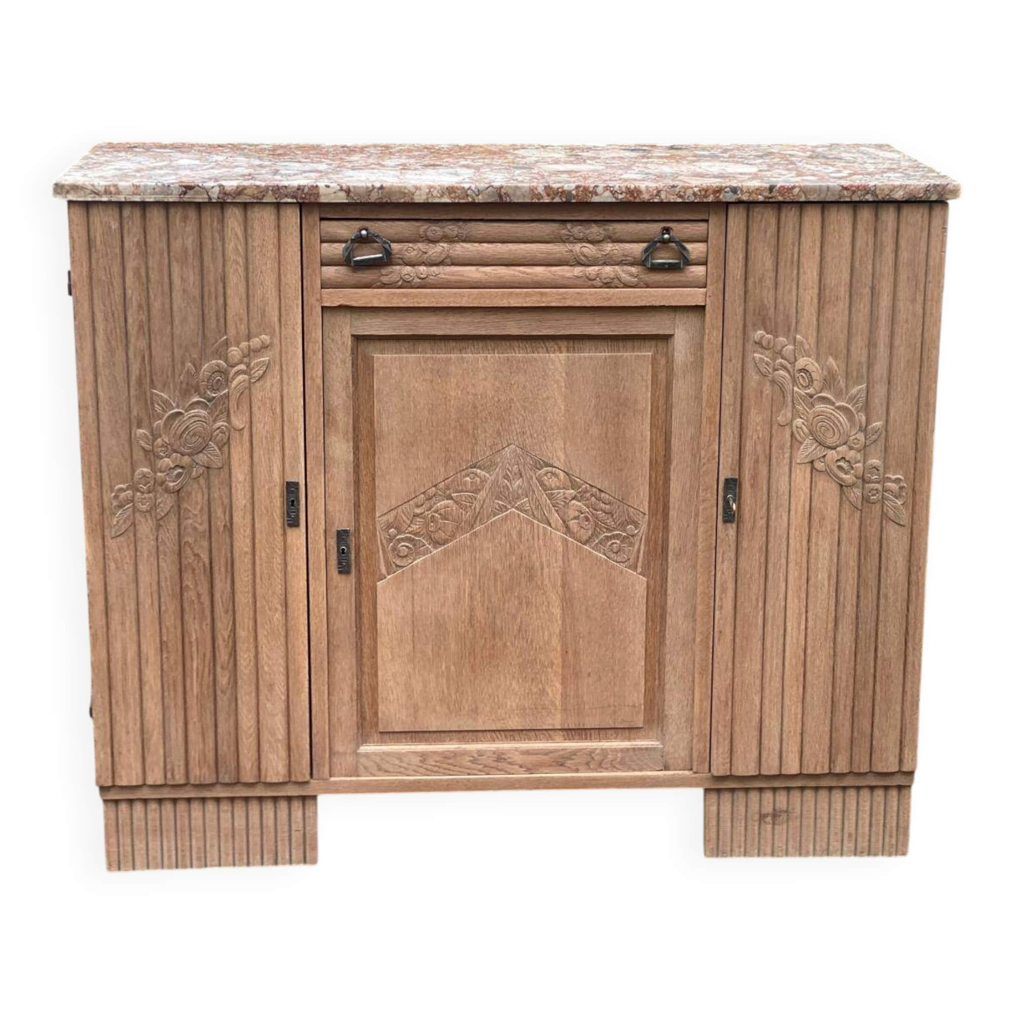 Art Deco vintage Parisian buffet renovated in solid wood and pink marble 123cm