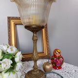 Table lamp with brass base, grooved transparent globe, vintage
