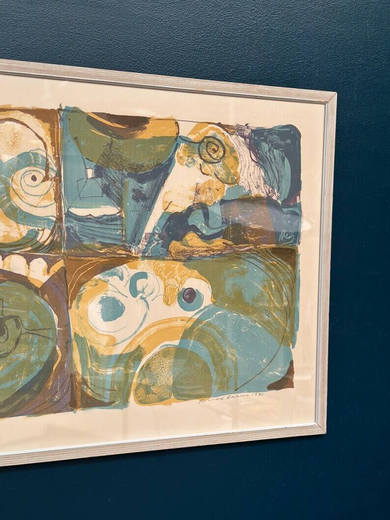 Large Original Swedish Graphic Sheet – "Composition" by Thormod Larsen – 1971 – Vintage and Framed – 79 × 59 cm (31.1" × 23.2")