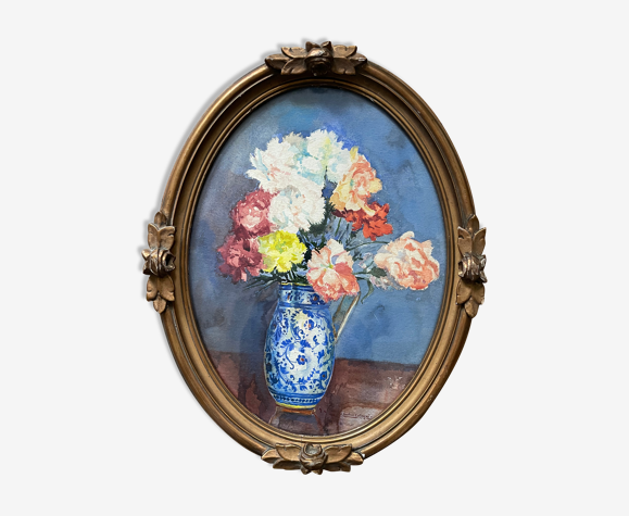 Ancien tableau nature morte aux œillets