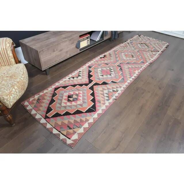 1970s Turkish Oushak Handmade Wool Cotton Pink Runner Rug 93x358