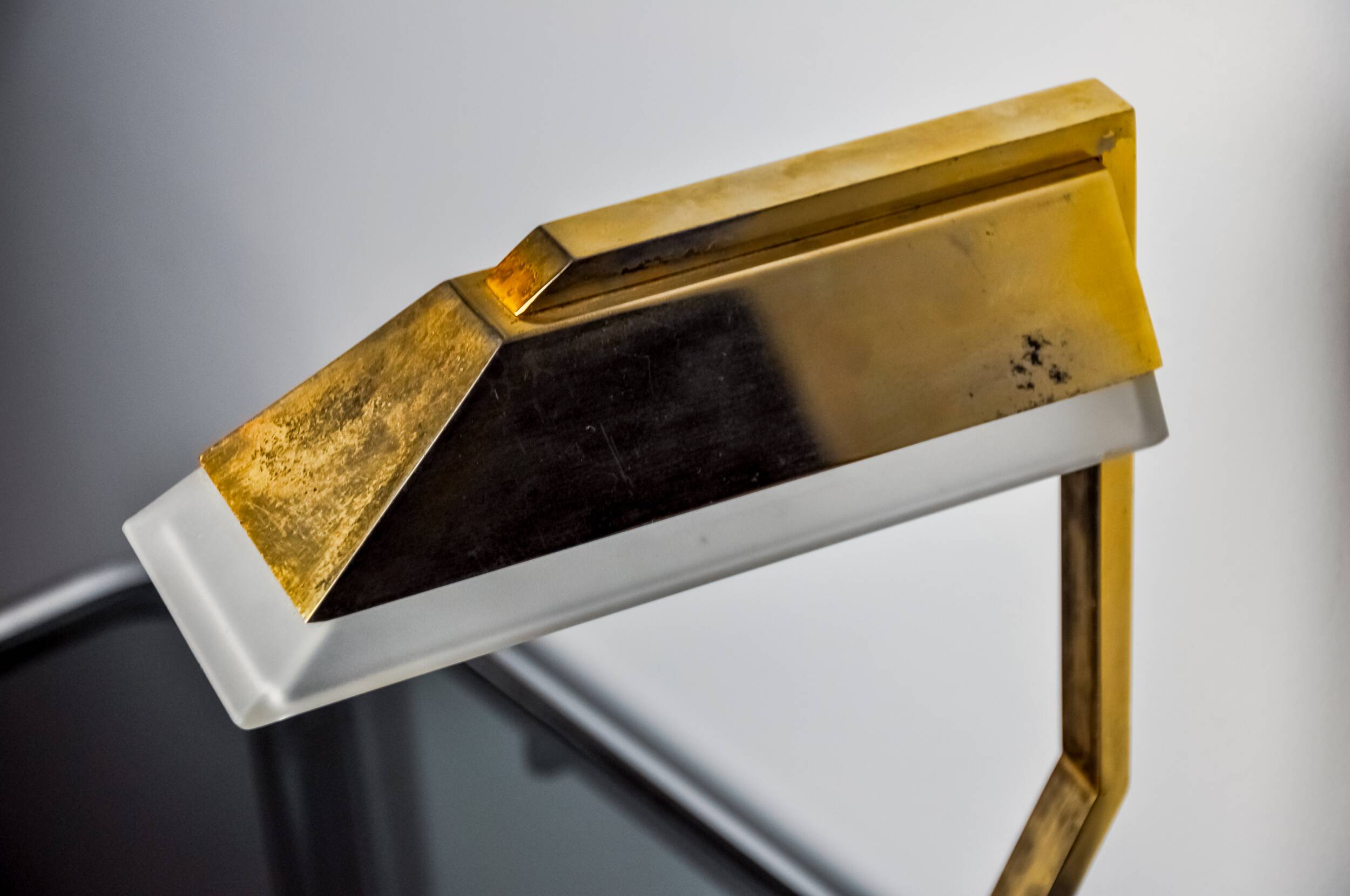 Geometric art deco lamp, brass and smoked glass, Spain, 1970