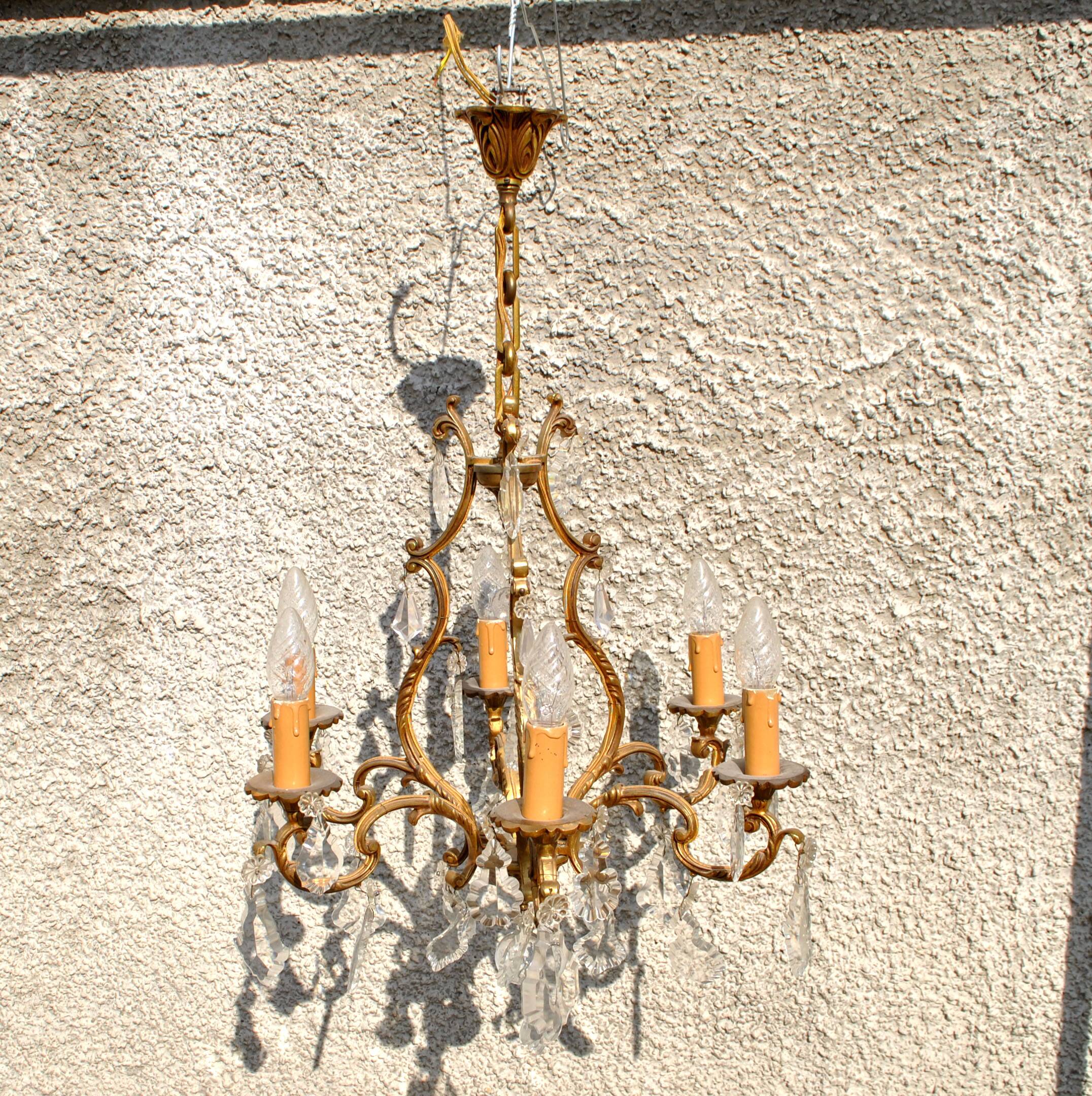 Retro bronze and crystal tassel chandelier - 6-light pendant lamp