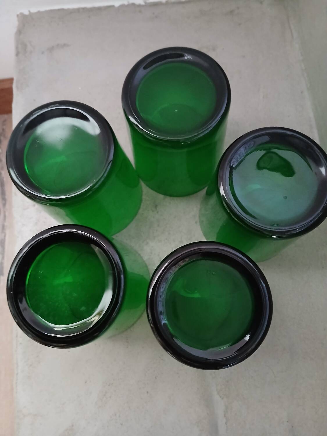 5 old green water glasses